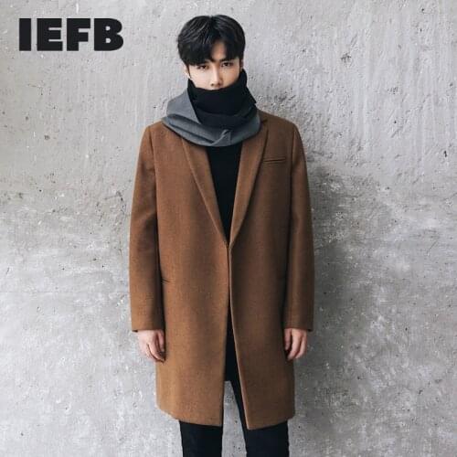 IEFB Mens 2021 New Tweed Clothes Mid Long Youth Pure Color Windbreaker Korean Loose Ins Trend Thickened Woollen Coats 9Y8431