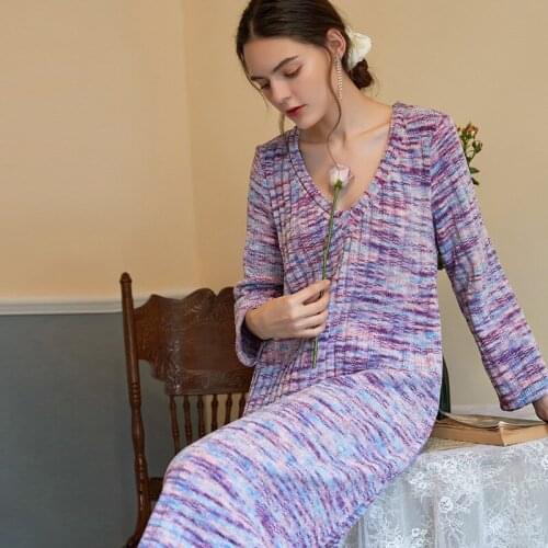 Nightdress Autumn and Winter V-neck Multi-Color Knitted Long-Sleeved Mid-Length Sexy Casual Wearable Leisure Tops