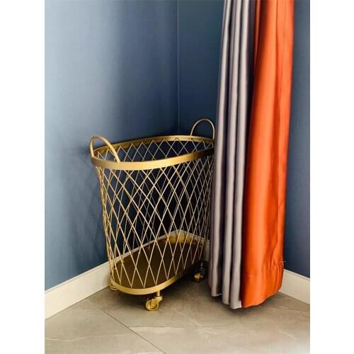 Nordic metal wheeled gold storage box, household bathroom laundry basket, black luxury storage basket