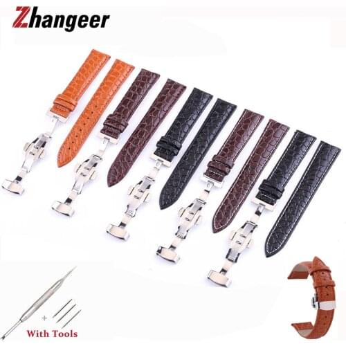 High Quality Genuine Leather Straps Circular Texture Calfskin Bracelet Watchband 12-24mm With Butterfly Buckle Wristband Belt