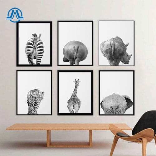 Nordic Style Posters And Prints Black White Animal Canvas Painting Elephant Giraffe Butt Pictures For Kids Room On The Wall Home