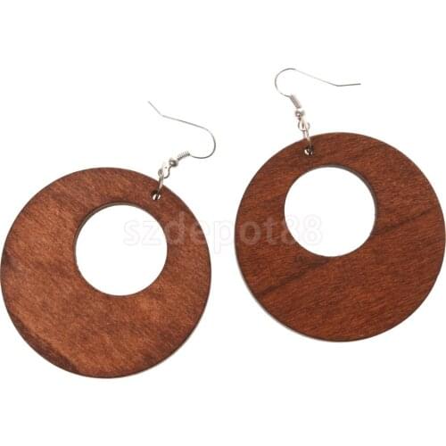 Hollow Design Wooden Drop Dangle Hook Earrings Color DIY Jewelry Brown 50mm