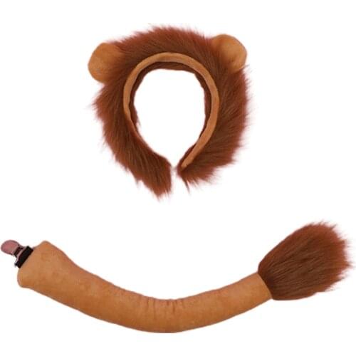 Faux Fur Animal Headbands Furry Lion Ears Headwear Tail Set Kawaii Hair Hoop for Halloween Cosplay Party Supplies