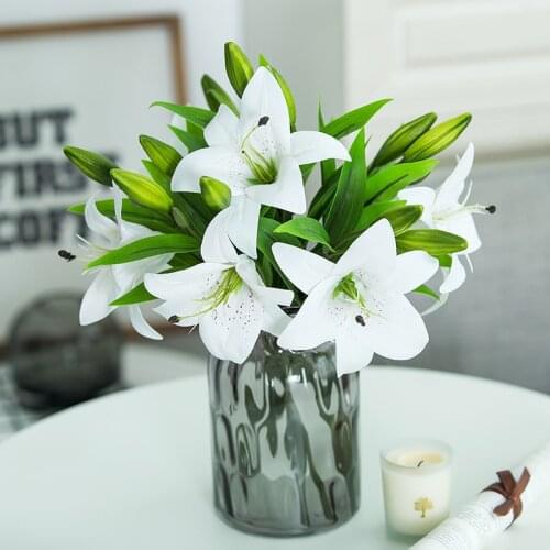6pcs/lot Real Touch Artificial lily Flores Wedding Bridal fake flowers Bouquet Plants white lily Home Party Decor for Display