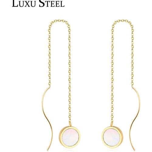 LUXUSTEEL Gold Round White Shell Chains Drop Earrings Stainless Steel Long Tassel Dangles Earring n Pendientes Brincos 2019