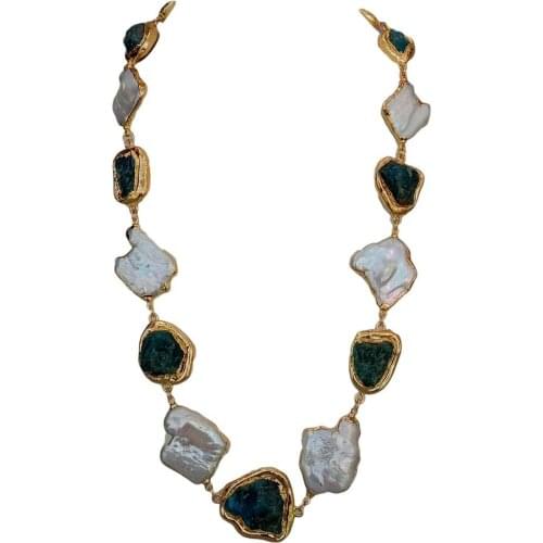 Y·YING Cultured White Keshi Pearl Natural Blue Apatite Rough choker Necklace 23"