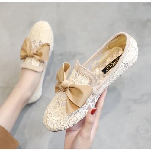Hollow Out lace flats woman butterfly-knot moccasins ballet shoes women slip on breathable air mesh loafers plus size 40 41 42