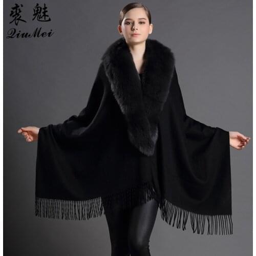 Ponchos Women Real Fur Scarves Wool Shawls With Tassel Fox Fur Cachecol Elegant Luxury Female Pashmina Solid Cashmere Shawl
