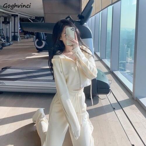 Sets Women Joggers Casual Hoodies Beige Fashion New Hooded Korean Style Loose Crop Top Two Pieces Outfits Drawstring All-match