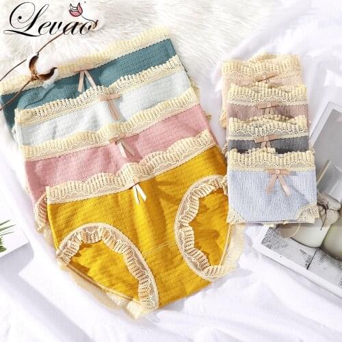 LEVAO Womens Cotton Underwear Sexy Lace Panties Womens Solid Color Briefs Seamless Panties Mid Waist Bow Underpants Lingerie