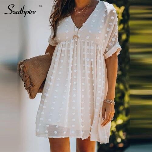 Southpire Short Sleeve Beige Loose Style Summer Womens Dress 2021 Sexy V-Neck Street Wear Casual Dress Daily Female Clothes