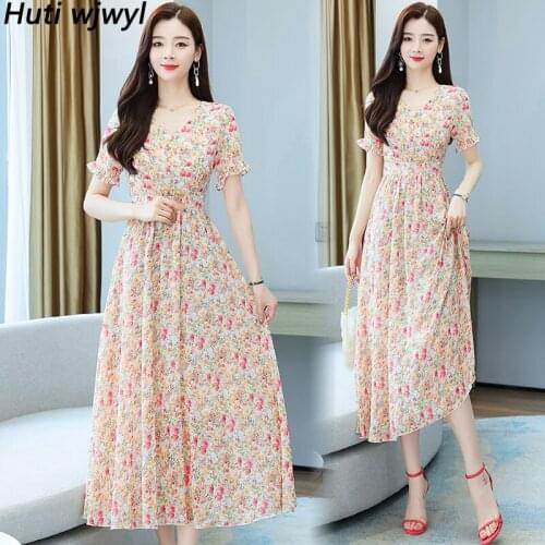 2021 Summer New Casual Floral Chiffon Beach Boho Light Maxi Dress Vintage Pink Long Sundress Elegant Women Bodycon Party Vestido