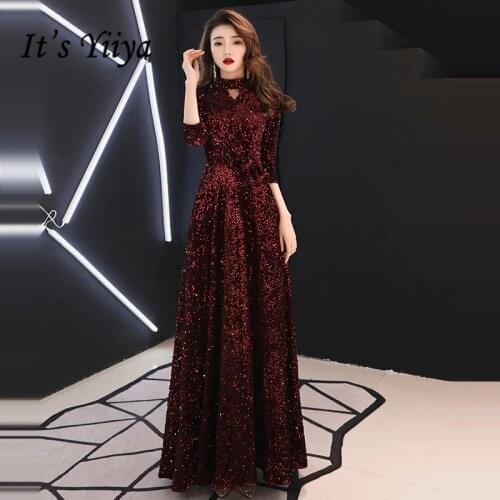 Its YiiYa Evening Dress Elegant Burgundy Sequins Evening Dresses Plus Size Three Quarter Sleeve Formal vestidos de fiesta LF081