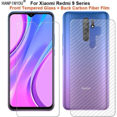 For Xiaomi Redmi 9 9C 9A 1 Set = Soft Back Carbon Fiber Film +Ultra Thin Clear Tempered Glass Front Screen Protector