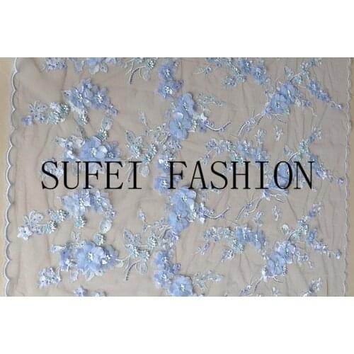 1 yard Blue Embroidery Lace Fabric Beaded Pearl Appliques Fabrics Mesh DIY Wedding Bridal Evening Dress Gown Stage Costume