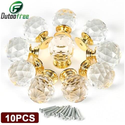 10pcs/set Clear Crystal Glass Door Knobs Diamond Drawer Cabinet Wardrobe Pull Handle Knobs Furniture Kitchen on Gold Base
