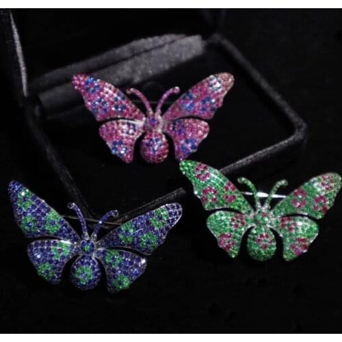 28*57MM insect butterfly brooch 925 sterling silver with cubic zircon blue red green color fashion women jewelry free shipping