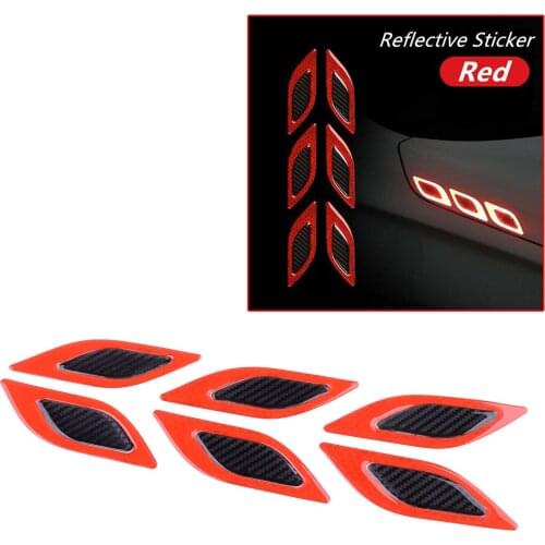 6Pcs/Set Red Car Stickers Safety Reflective Tape Bumper Warning Mark Carbon Fiber Texture Styling Accessories