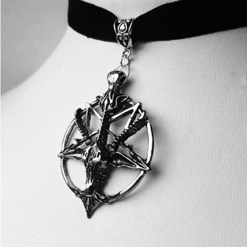 Baphomet Black Velvet Necklace Vintage Black Butler Gothic Pentagram Goat Skull Round Demon Pan God Necklace