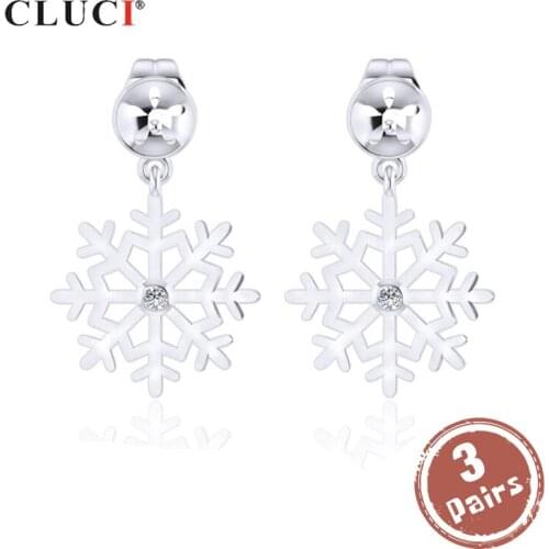 CLUCI 3 pair 925 Sterling Silver Snowflake Stud Earrings for Women Pearl Mounting Silver 925 Christmas Stud Earrings SE100SB