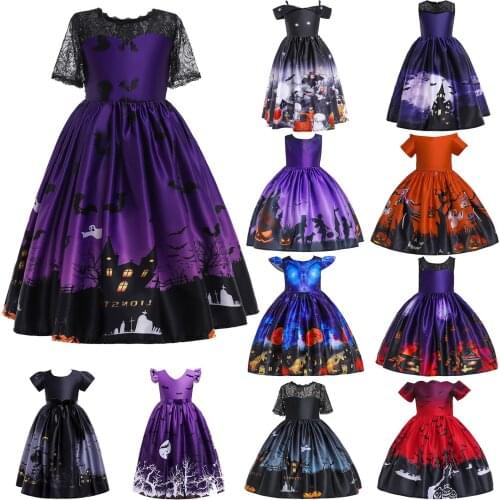 Children Girls Halloween Dress Fashion Elegant Cartoon Print Girl Princess Dress Halloween Costumes For Kids Party Cosplay Skirt