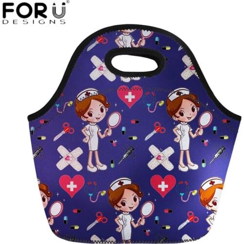 FORUDESIGNS Travel Insulated Lunch Bags Women Cute Cartoon Nurse Print Neoprene Food Case School Cooler Warm Large Box for Kids