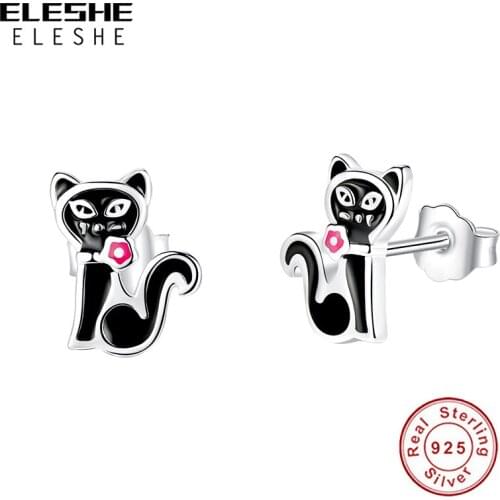 ELESHE Black Enamel Cat Stud Earrings High Quality Authentic 925 Sterling Silver Earrings for Girls Party Jewelry Wholesale