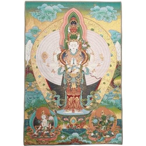 China old Tibet silk Thang ka like hanging painting fengshui Avalokitesvara God statue portrait