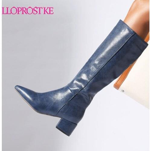 Lloprost ke Women Thick Heel Pointed Toe Western Cowboy Boots Autumn Woman Shoes Winter Female Knee High Boots Big Size 34-47