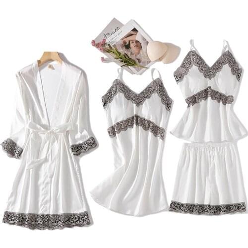 New Korean Summer Sexy Nightdress Womens with Chest Pads Nightgown Thin 4Pcs Sling Gown Home Wear Sleepwear Sets Sexy Robe