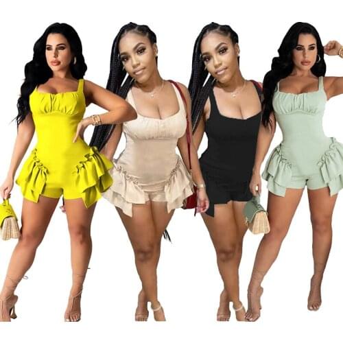 Solid Color Spaghetti Strap Sleeveless Ruffle Slim Jumpsuits Club Outfits for Women One Piece Bodysuit Romper