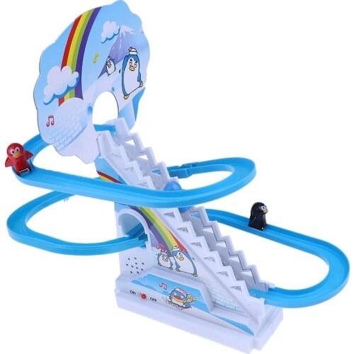 Plastic Blue Electric Climb Stairs Track Toys Track Sliding Toy With Light Music Small Penguin Kids Child Educational Toy Gift