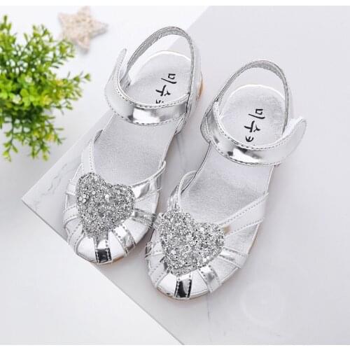 Summer New Baby Girls Baotou Golden Student Dance Performance Sandals Children Silver Sequin Love Beach Shoes 2-5-9-12 Years Old