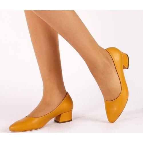 Sandra Womens Shoes Mustard PU Leather Thick High Heels Fashion Casual Pointed Toe Shoes Women Shoes Heel Slippers Summer Pumps