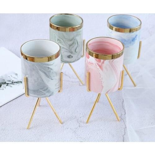 Nordic Marble Pattern Art Vase Ceramic Iron Tabletop Flower Vase Plant Flower Pot Bonsai Ornaments Wedding Party Home Decor Gift