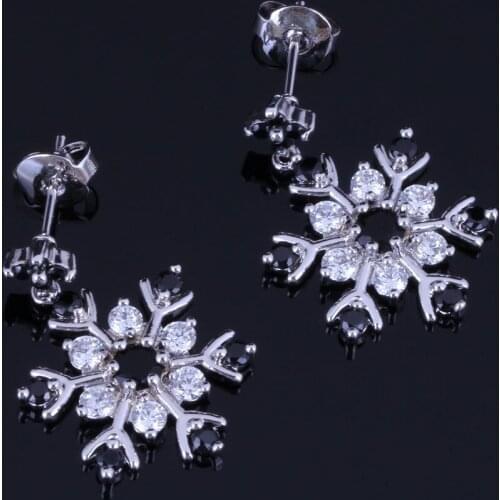 Fabulous Snowflake Black Cubic Zirconia White CZ Silver Plated Drop Dangle Earrings V1024
