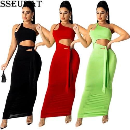 SSEURAT Women Dress One Shoulder Sleeveless Hollow Out Sheath Elastic Ankle Length Dresses Sexy Night Club Dress Summer 2021
