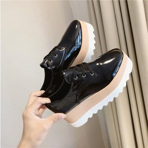 Women Shoes Patent Leather Lace Up Thick Heel Increased Flat Platform Oxford Shoes Woman Loafers Solid Casual Shoes Plus Size