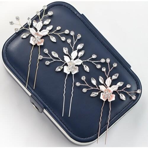 Trendy Rose Gold Silver Color Hairpin Stick Bridal Hair Clips Women Crystal Flower Wedding Hair Accessories Rhinestone Jewelry