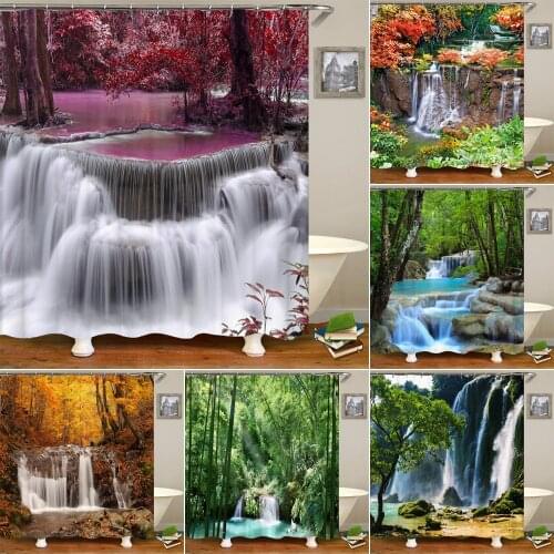 Forest Landscape Bathroom Curtain 3D Natural Scenery Waterfall Printing Shower Curtains Waterproof Polyester Home Decoration