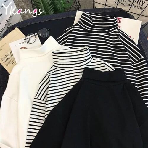 Korean Style White Black Striped Streetwear T-shirts Women Clothes Chic Basic Blouses Harajuku Woman Aesthetic Turtleneck Tops