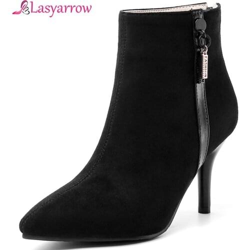 Lasyarrow fashion womens ankle boots for autumn winter back zipper pointed toe thin high heels dress shoes ladies women J1014