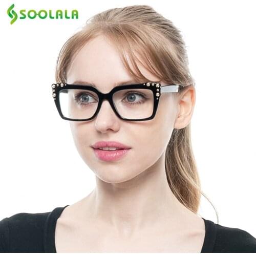 SOOLALA Square Women Reading Glasses with Rivet Big Glasses Woman Optic Frame Fashion Presbyopia Glasses Reading +0.5 to 4.0