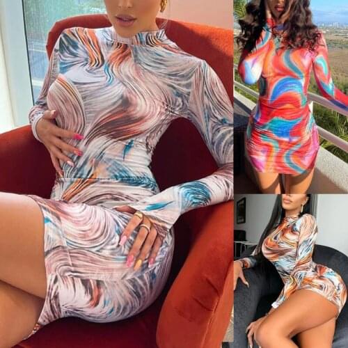 SKMY Women Dresses Summer 2021 New Tie-Dye Printing Round Neck Long Sleeve Bodycon Dress Female Clothes Party Clubwear