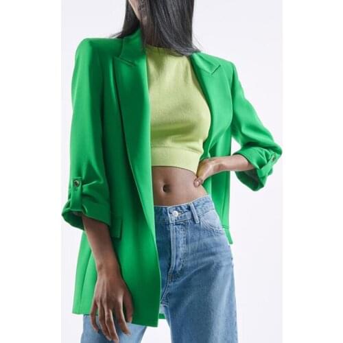 Fashion Casual Loose Notched Blazers Women Elegant Green Rollable Sleeve Jackets Women Spring Pockets Straight Suits Ladies
