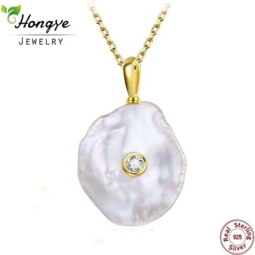 Hongye 100% 925 Silver Necklace for Women Real Natural Freshwater Pearl Pendants Flat Baroque Gold Necklace Jewelry Wedding Gift