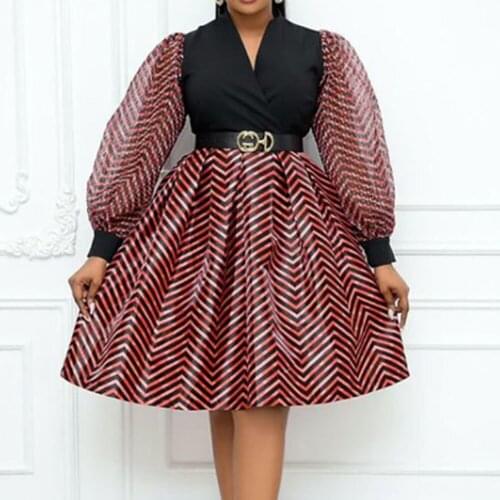 Autumn New 2021 Temperament Commute Printing Splicing High Street V-neck Long Sleeve Dress African Womens Simplicity Casual