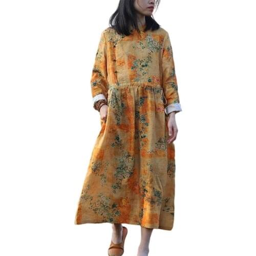 Spring Autumn Digital Print Pure Linen Dress With lined Hem Womens Clothing Yellow Dress Vintage Dress