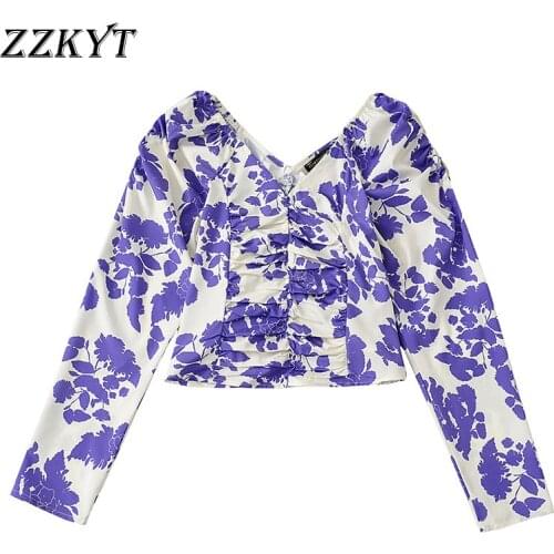 ZZKYT 2021 Women Spring Fashion Floral Print Cropped Blouses Vintage V-Neck Long Sleeve Folds Female Shirts Blusas Casual Tops