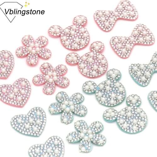 10pcs Flower/Heart/Bows/Mouse Pearl Patches Clear Rhinestones Sewing Cute Partten Patches For Clothes Accessories